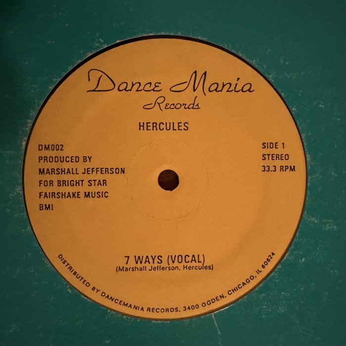 Dance Mania Records vinyl label — Hercules, 7 Ways, produced by Marshall Jefferson