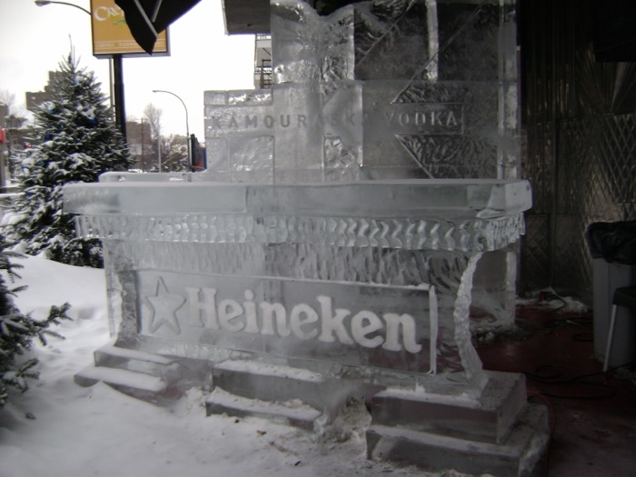 Ice sculpture bar outside a winter event venue