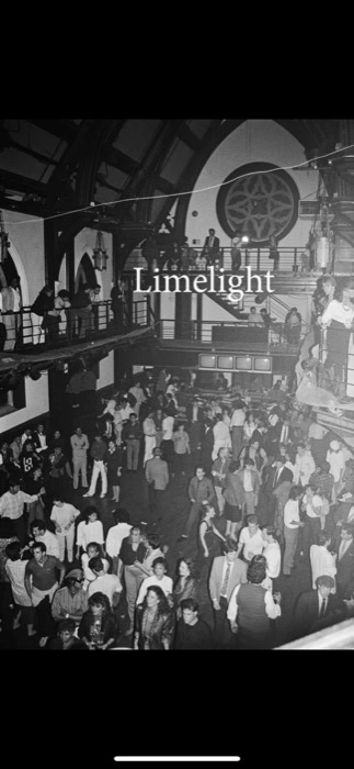 Black and white photo of the Limelight nightclub dance floor